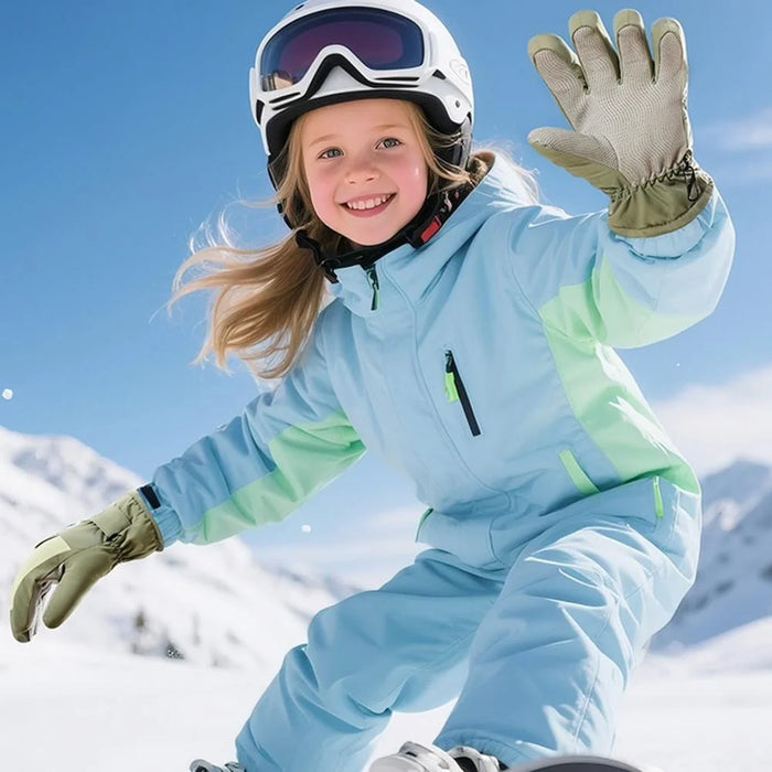 DRST42 Children Winter Cycling Ski Gloves Thickened Plush Lining Windproof Waterproof Warm Mittens - Green - 6