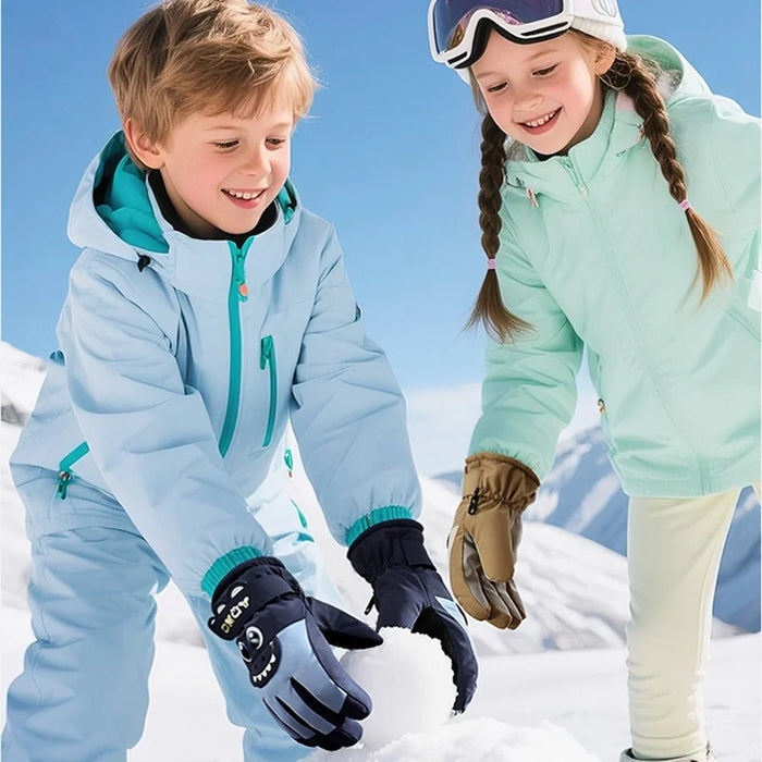 DRST42 Children Winter Cycling Ski Gloves Thickened Plush Lining Windproof Waterproof Warm Mittens - Green - 7