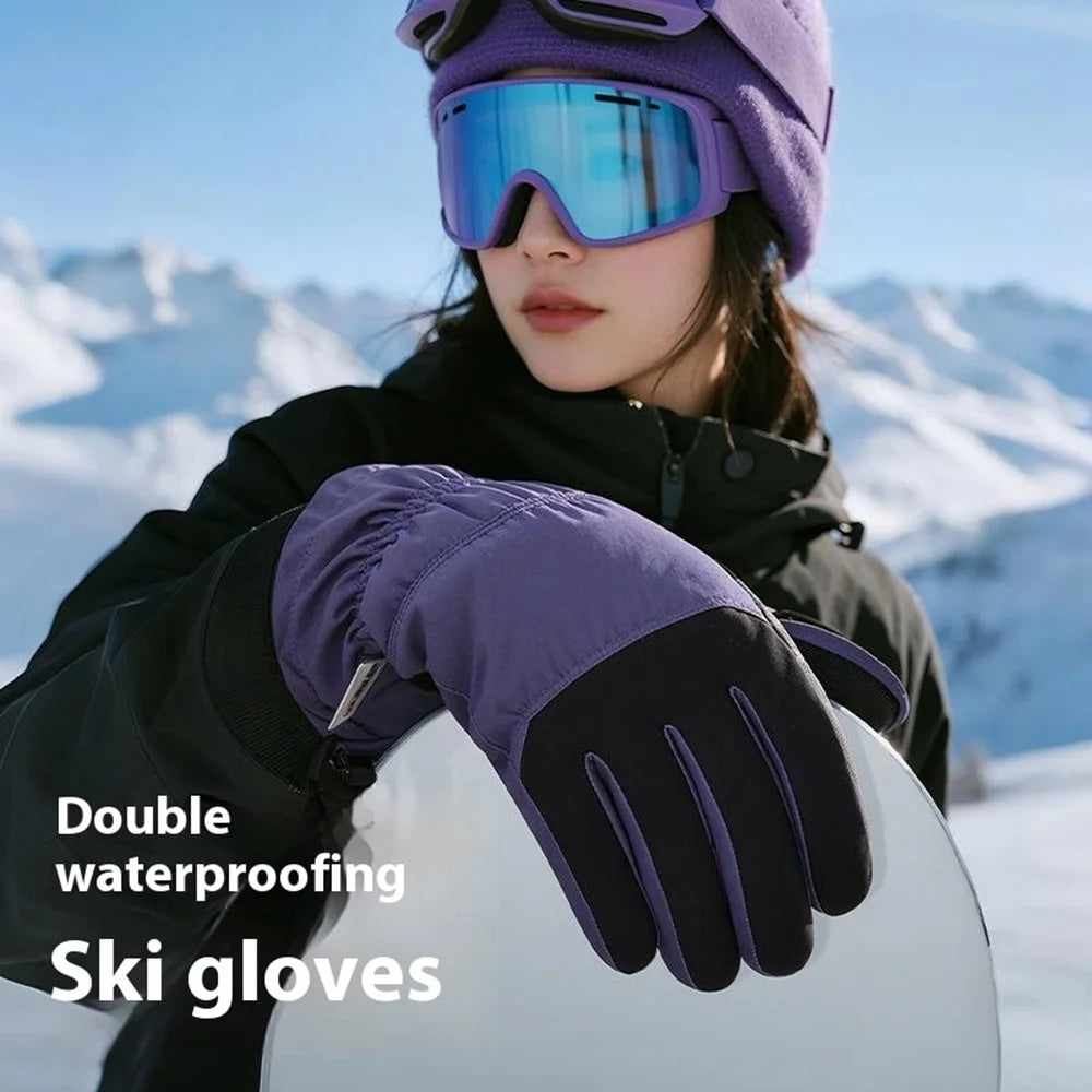 SK45 1 Pair Skiing Winter Outdoor Gloves Waterproof Warm Touchscreen Leather Palm Anti Wear Unisex Gloves - Purple+Black / S - 2