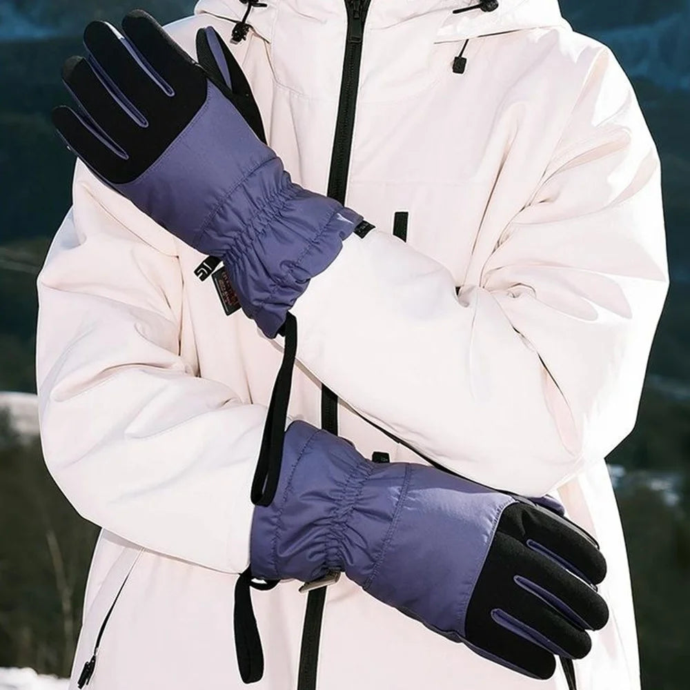 SK45 1 Pair Skiing Winter Outdoor Gloves Waterproof Warm Touchscreen Leather Palm Anti Wear Unisex Gloves - Purple+Black / S - 3