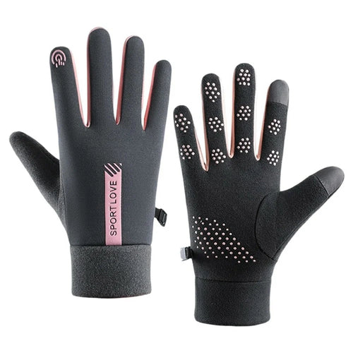 1 Pair Unisex Winter Gloves Fleece Thermal Waterproof Touchscreen Gloves for Outdoor Sports - Women / Grey + Pink - 1