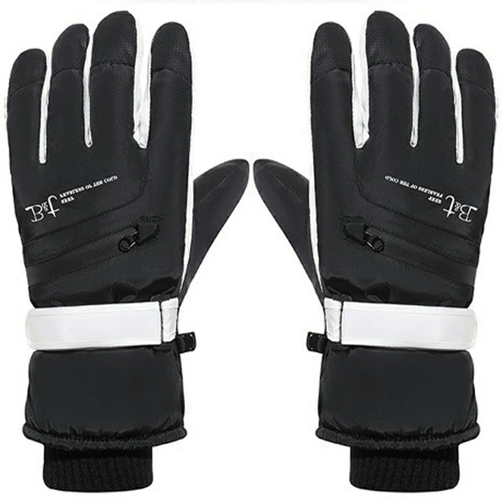 1 Pair Unisex Winter Touchscreen Zipper Gloves Waterproof Fleece Liner Anti-slip PU Palm Mittens for Outdoor Sports - Men / Black - 1