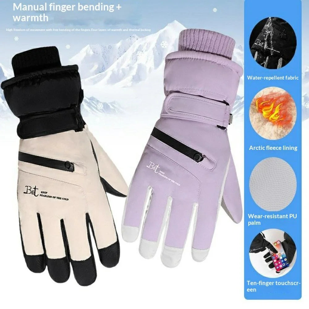 1 Pair Unisex Winter Touchscreen Zipper Gloves Waterproof Fleece Liner Anti-slip PU Palm Mittens for Outdoor Sports - Men / Black - 2