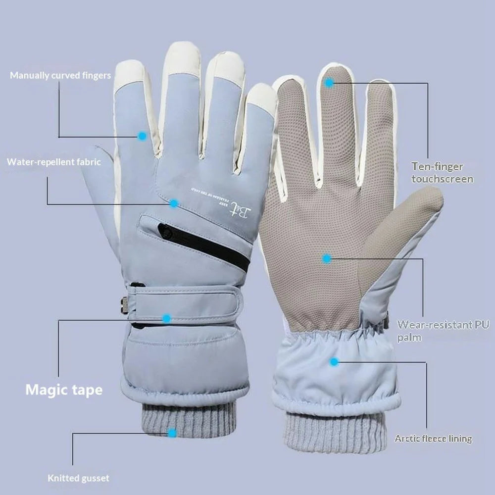 1 Pair Unisex Winter Touchscreen Zipper Gloves Waterproof Fleece Liner Anti-slip PU Palm Mittens for Outdoor Sports - Men / Black - 3
