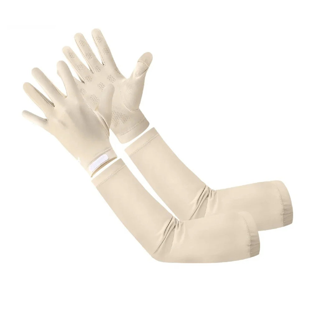 WEST BIKING YP0211284 Summer UV Protection Ice Silk Arm Sleeves with Flip-Top Touchscreen Gloves for Cycling Driving - Beige - 1