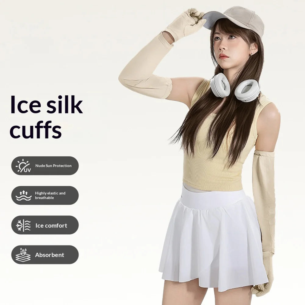 WEST BIKING YP0211284 Summer UV Protection Ice Silk Arm Sleeves with Flip-Top Touchscreen Gloves for Cycling Driving - Beige - 4