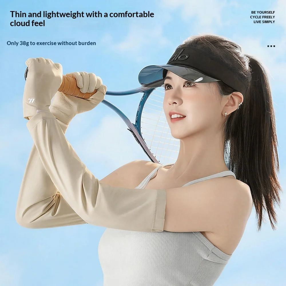 WEST BIKING YP0211284 Summer UV Protection Ice Silk Arm Sleeves with Flip-Top Touchscreen Gloves for Cycling Driving - Beige - 6