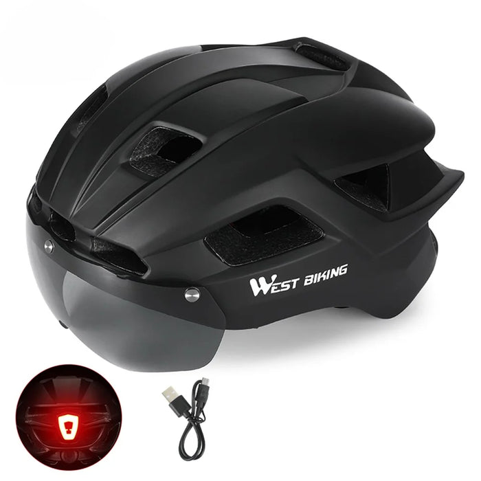 WEST BIKING Cycling Safety Helmet Outdoor Motorcycle Bicycle Removable Taillight Helmet Lens Visor Goggles - Black - 1