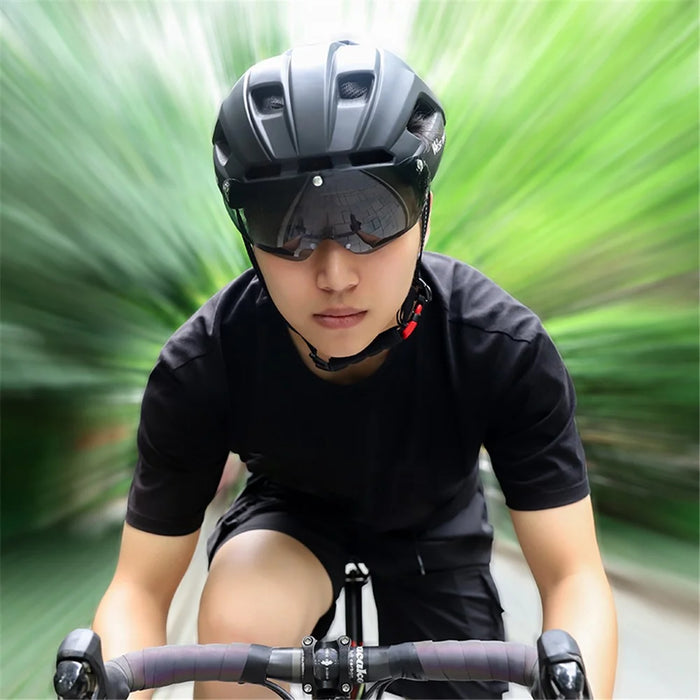 WEST BIKING Cycling Safety Helmet Outdoor Motorcycle Bicycle Removable Taillight Helmet Lens Visor Goggles - Black - 2