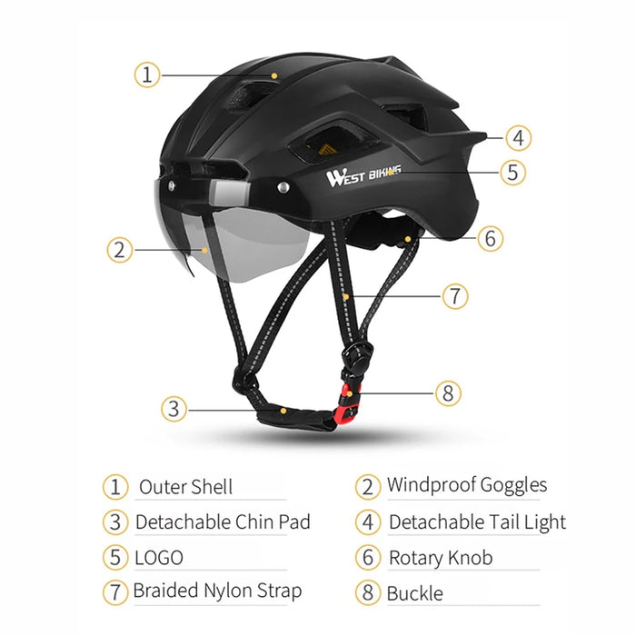 WEST BIKING Cycling Safety Helmet Outdoor Motorcycle Bicycle Removable Taillight Helmet Lens Visor Goggles - Black - 6