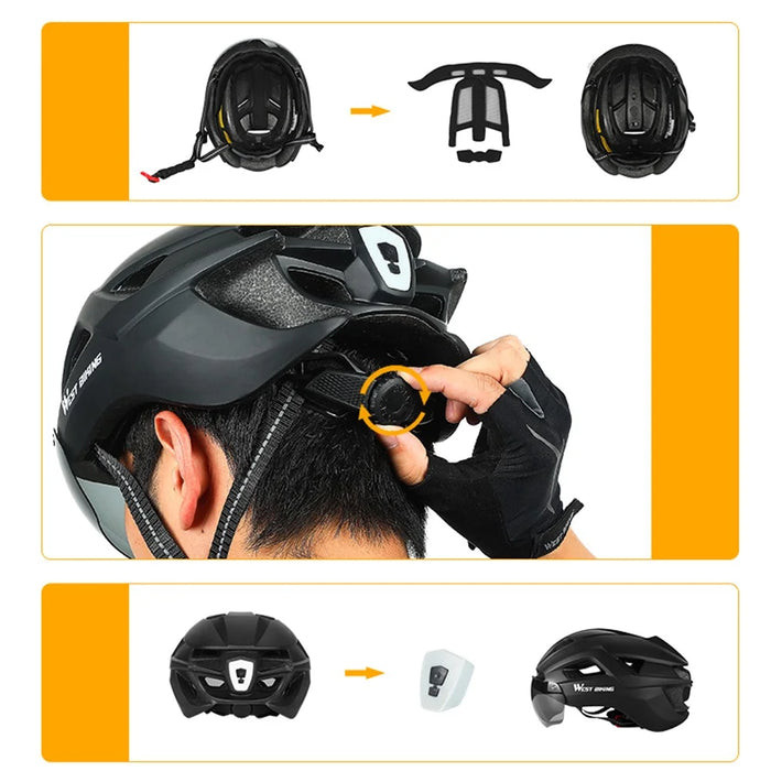WEST BIKING Cycling Safety Helmet Outdoor Motorcycle Bicycle Removable Taillight Helmet Lens Visor Goggles - Black - 7