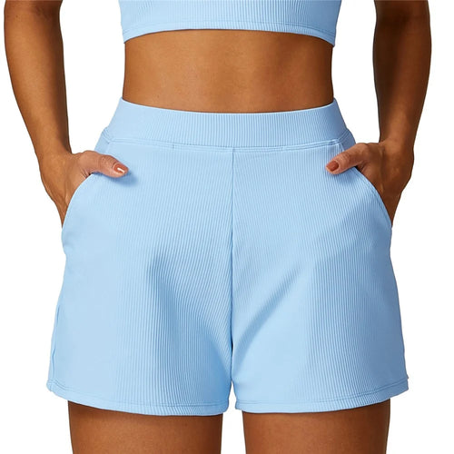 8526 Women Ribbed High Waist Yoga Shorts with Pockets for Gym Cycling Running - Cream Blue / S - 1