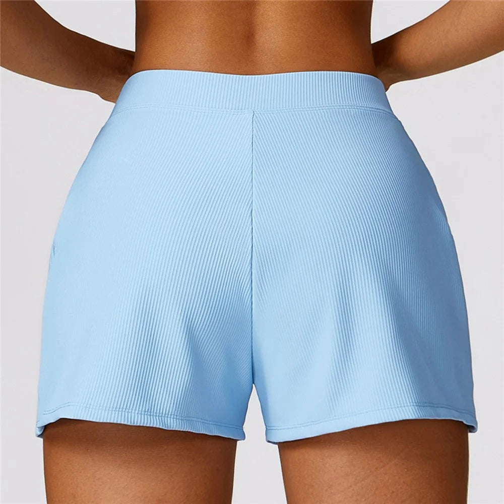8526 Women Ribbed High Waist Yoga Shorts with Pockets for Gym Cycling Running - Cream Blue / S - 3