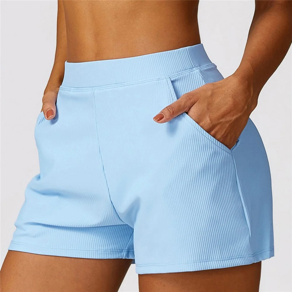 8526 Women Ribbed High Waist Yoga Shorts with Pockets for Gym Cycling Running - Cream Blue / S - 4