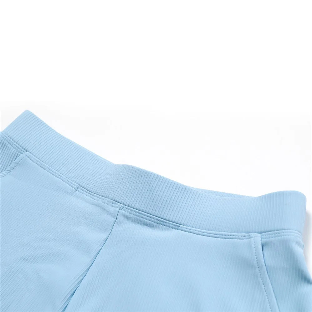 8526 Women Ribbed High Waist Yoga Shorts with Pockets for Gym Cycling Running - Cream Blue / S - 6