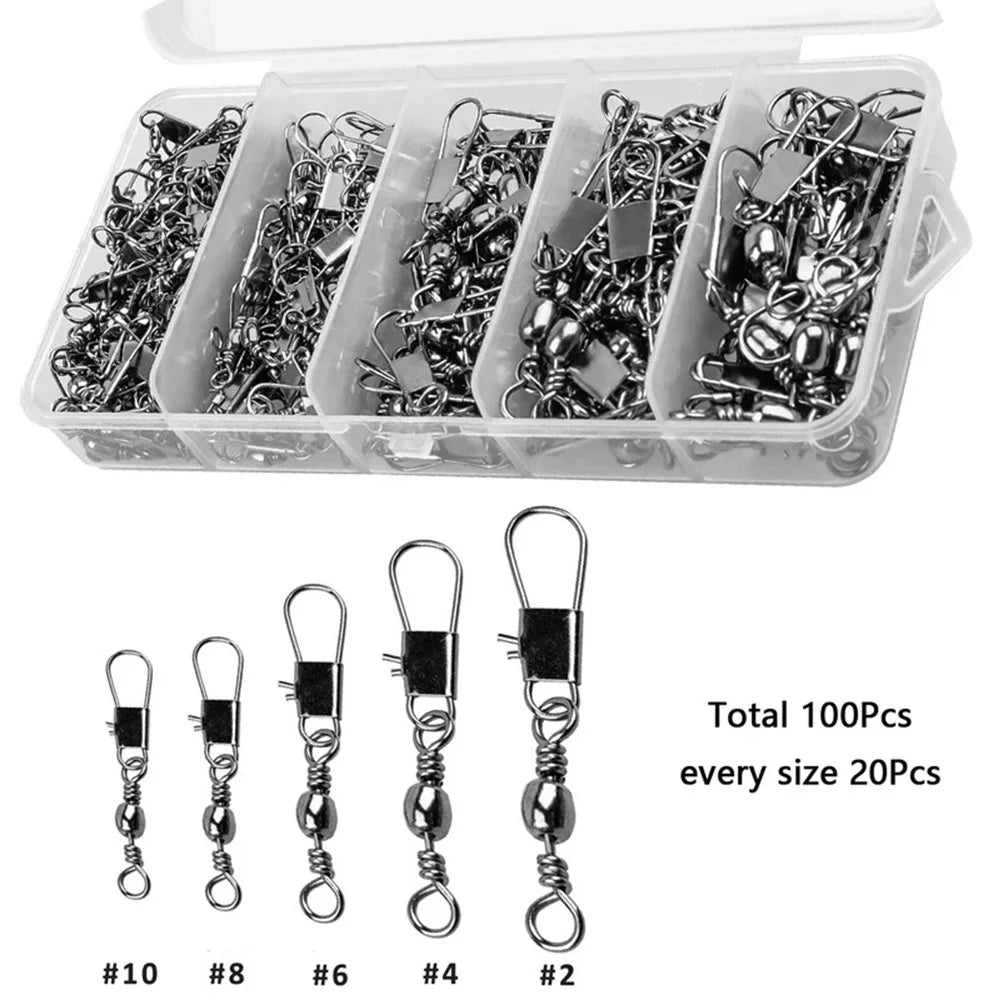 100Pcs / Box Metal Fishing Rolling Ball Bearing Barrel Swivels Safety Snap Connector Fishing Accessories - 1