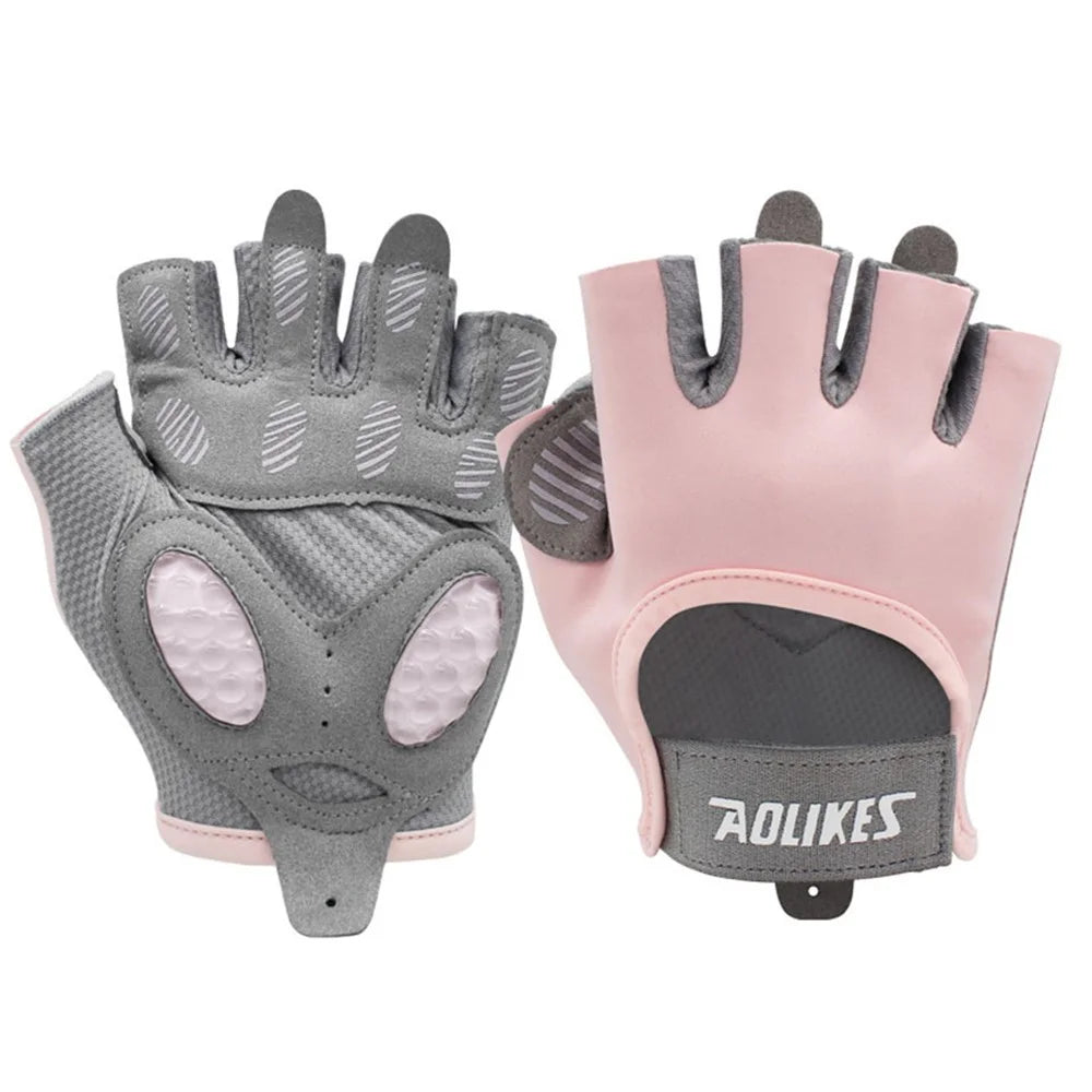 AOLIKES HS-121 1 Pair Breathable Workout Gloves Liquid Silicone Pad Palm Protection Gym Gloves Non-slip Grip Weight Lifting Half Finger Gloves - Pink / S - 1