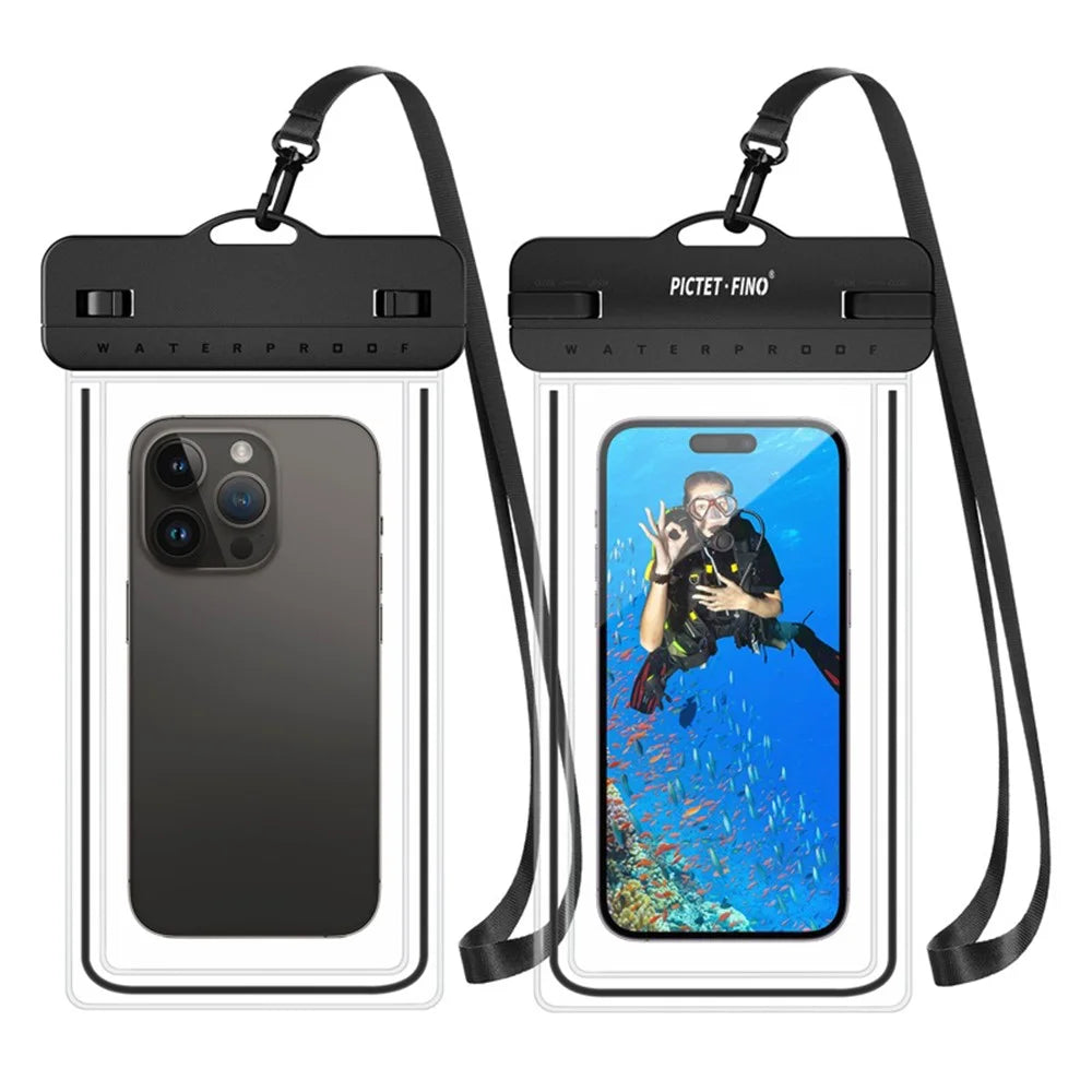 PICTET.FINO RH12 Large IPX8 Waterproof Phone Pouch for Under 8.2-inches Mobile Phone Dry Bag with Strap - Black - 1