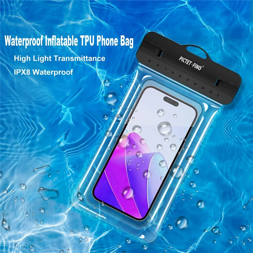 PICTET.FINO RH14 IPX8 Waterproof Bag Thick Airbag TPU Touch Screen Case for Phone within 8.2 Inch - Black - 5