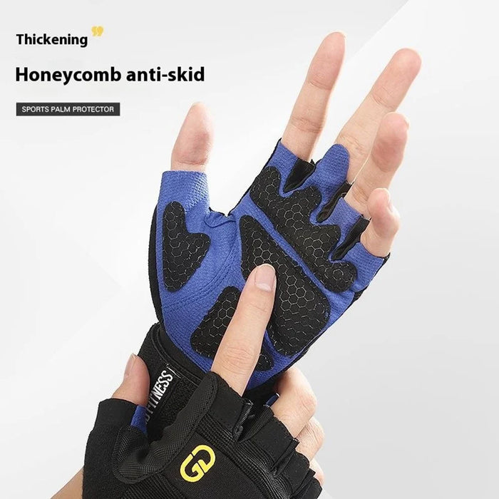 GOUNOD GL059 1 Pair Half Finger Workout Gloves Non Slip Honeycomb Compression Wrist Support Weightlifting Mittens - Blue S - 7