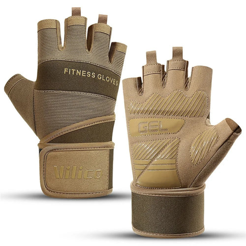 VILICO A0146 Fitness Half Finger Gloves Extended Wrist Strap Anti Slip Weightlifting Dumbbell Training Gloves - Brown / M - 1