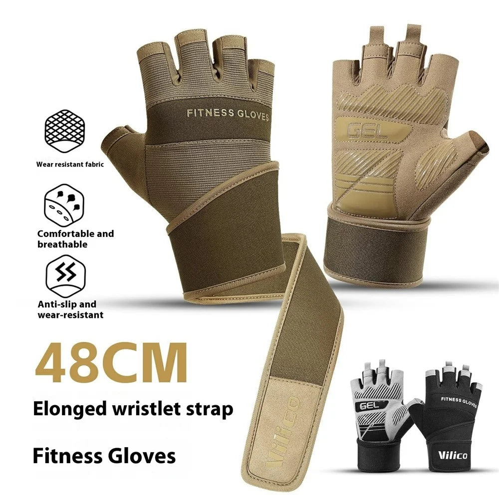 VILICO A0146 Fitness Half Finger Gloves Extended Wrist Strap Anti Slip Weightlifting Dumbbell Training Gloves - Brown / M - 2