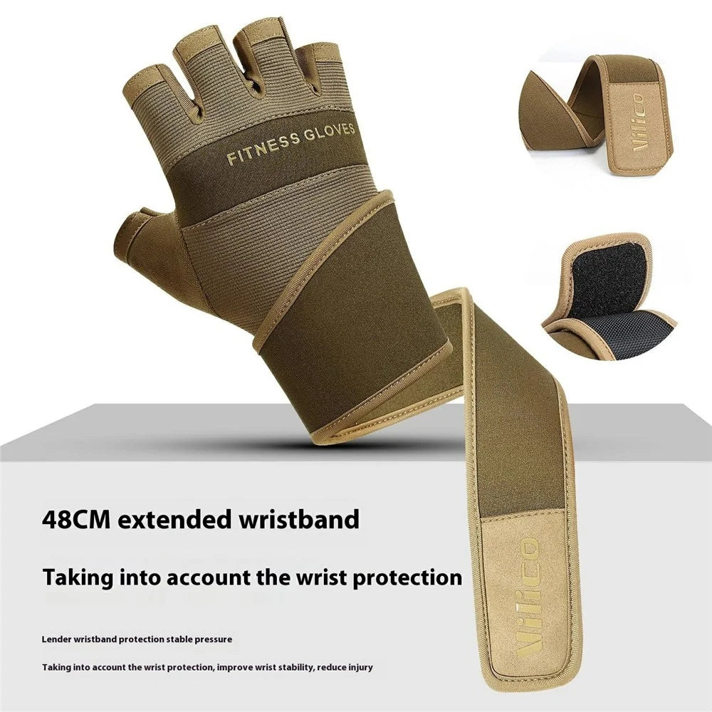 VILICO A0146 Fitness Half Finger Gloves Extended Wrist Strap Anti Slip Weightlifting Dumbbell Training Gloves - Brown / M - 4