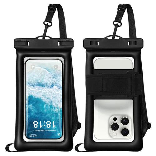 IPX8 Waterproof Phone Pouch with Armband, Airbag for Underwater Below 7.2 inch Cellphones Water Resistant Bag - Black - 1