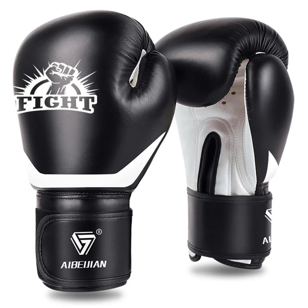 AIBEIJIAN 8oz Sports Boxing Gloves Muay Thai MMA Training Workout Kickboxing PU Mitts - Black - 1