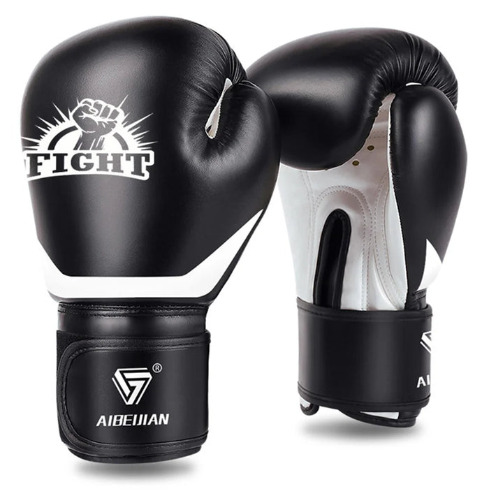 AIBEIJIAN 12oz Adult PU Mitts for Muay Thai MMA Training Workout Kickboxing Sports Boxing Gloves - Black - 1