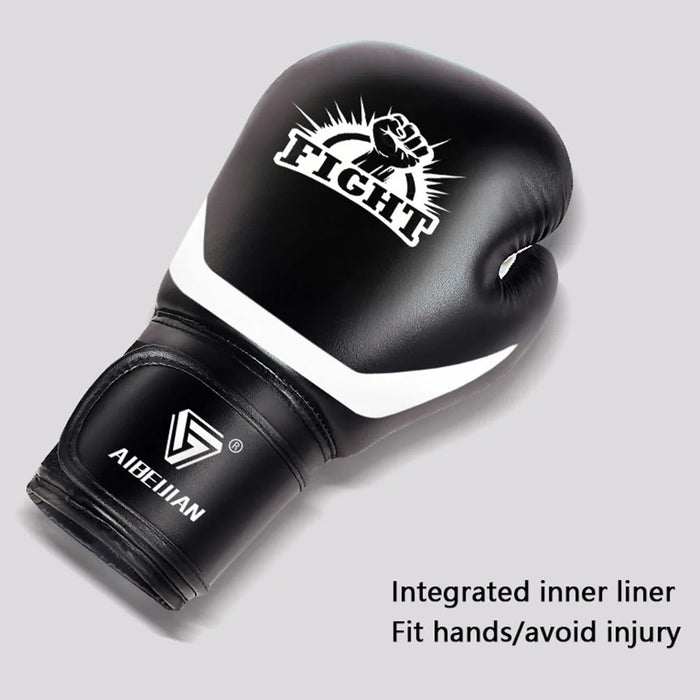AIBEIJIAN 12oz Adult PU Mitts for Muay Thai MMA Training Workout Kickboxing Sports Boxing Gloves - Black - 6