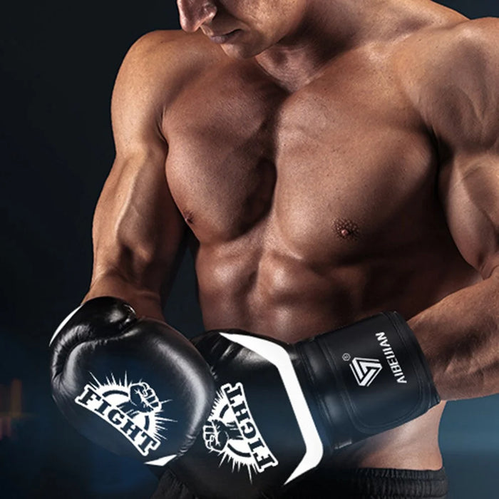 AIBEIJIAN 12oz Adult PU Mitts for Muay Thai MMA Training Workout Kickboxing Sports Boxing Gloves - Black - 7