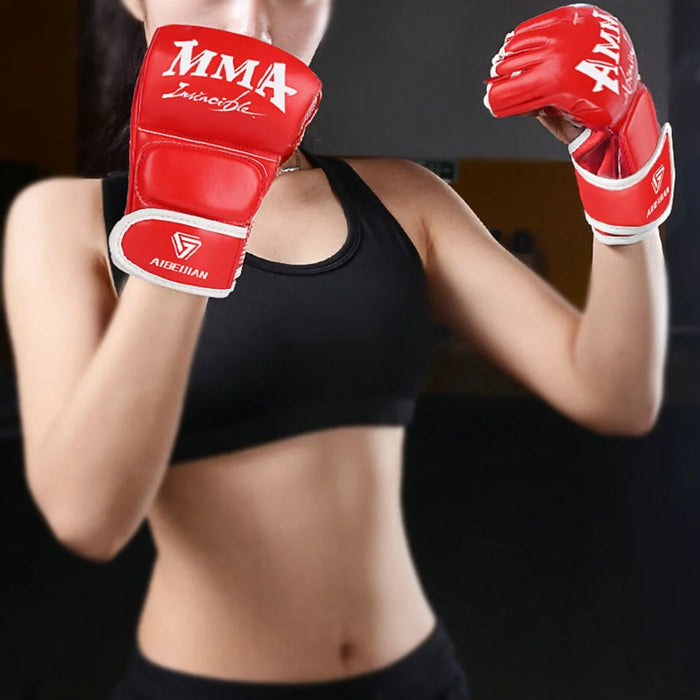 AIBEIJIAN Half Finger Boxing Gloves PU Leather MMA Fighting Kickboxing Gloves for Muay Thai Training Workout - Adult / Red - 2