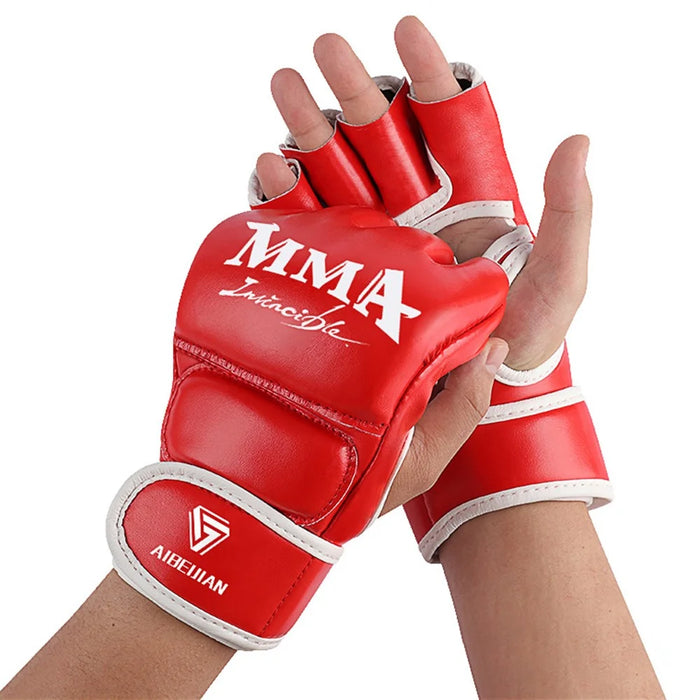 AIBEIJIAN Half Finger Boxing Gloves PU Leather MMA Fighting Kickboxing Gloves for Muay Thai Training Workout - Adult / Red - 3