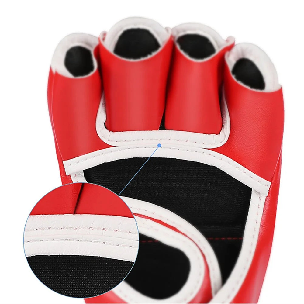 AIBEIJIAN Half Finger Boxing Gloves PU Leather MMA Fighting Kickboxing Gloves for Muay Thai Training Workout - Adult / Red - 4