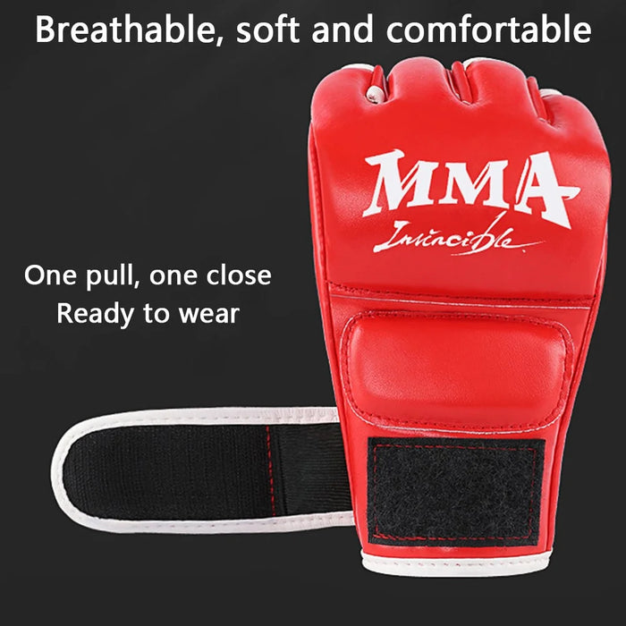 AIBEIJIAN Half Finger Boxing Gloves PU Leather MMA Fighting Kickboxing Gloves for Muay Thai Training Workout - Adult / Red - 6