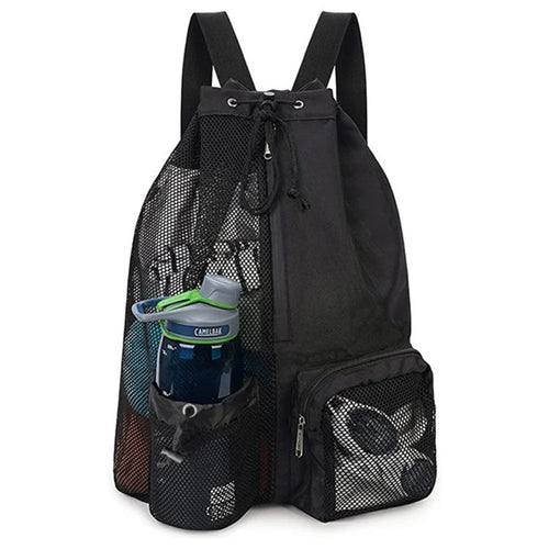 Drawstring Mesh Swimming Bag Wet Dry Separation Gym Beach Sports Gear Backpack with Water Bottle Holder - Black - 1