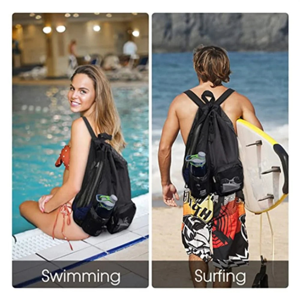 Drawstring Mesh Swimming Bag Wet Dry Separation Gym Beach Sports Gear Backpack with Water Bottle Holder - Black - 3