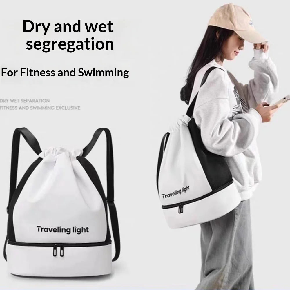 Waterproof Swim Bag Dry Wet Separation Backpack with Shoe Compartment for Fitness Beach - White+Black - 2