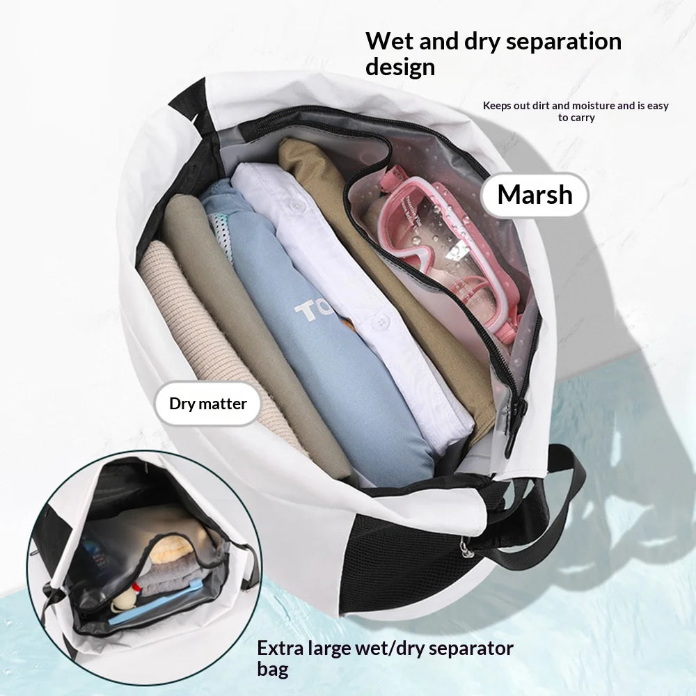 Waterproof Swim Bag Dry Wet Separation Backpack with Shoe Compartment for Fitness Beach - White+Black - 4
