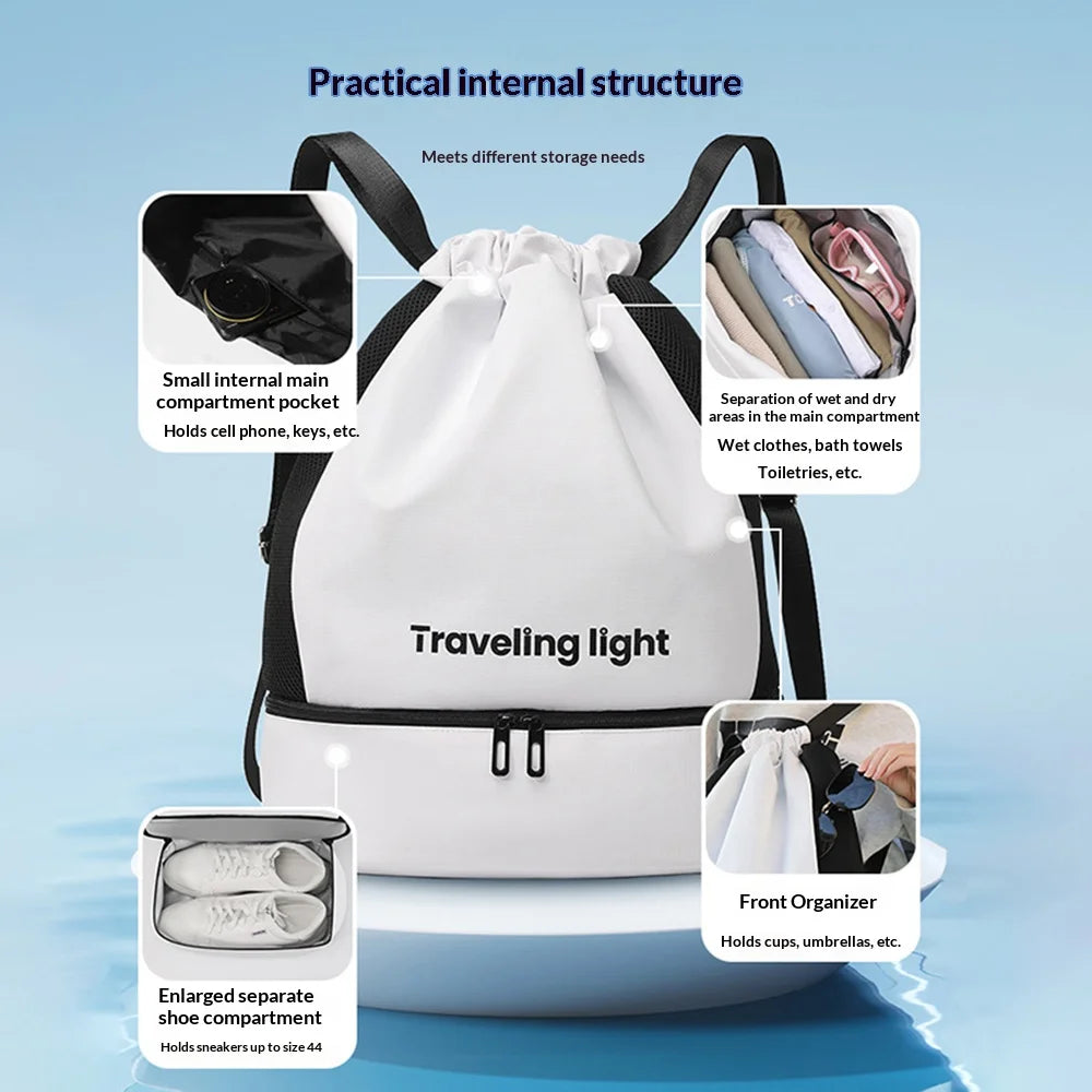Waterproof Swim Bag Dry Wet Separation Backpack with Shoe Compartment for Fitness Beach - White+Black - 5