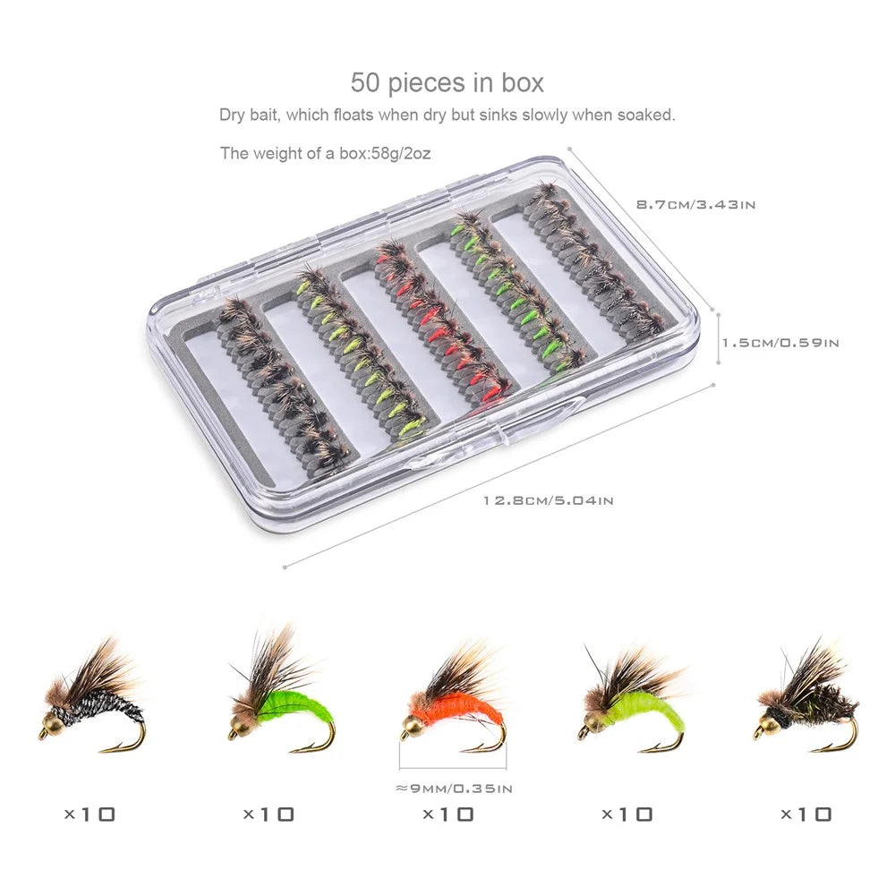 LEO 28254 50Pcs Fly Fishing Lures Kit Artificial Bait for Bass Trout Salmon Fishing Accessories - Insect - 2
