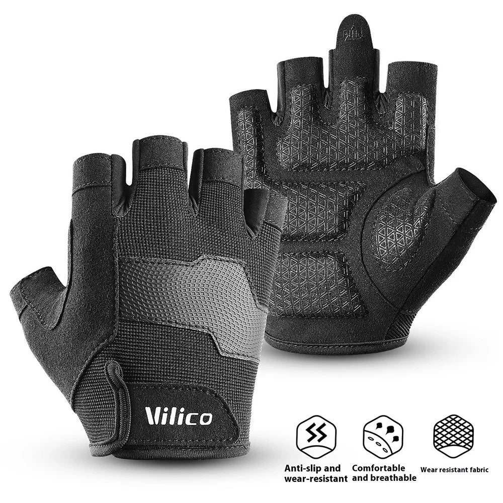 VILICO A0133 1 Pair Cycling Fishing Fitness Gloves Half Finger Weightlifting Anti-Callus Gloves - Black M - 2