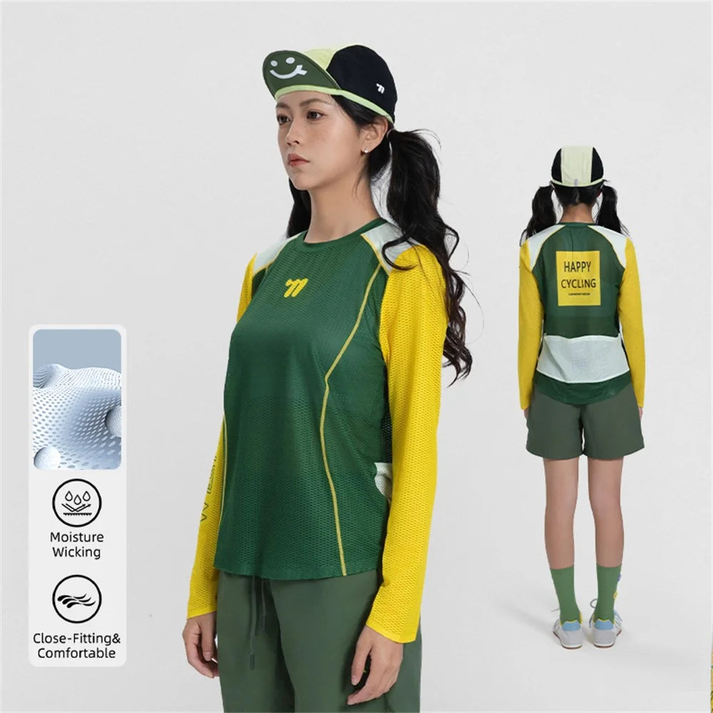 WEST BIKING YP0202342 Women Outdoor Quick Dry Cycling Jersey Long Sleeve Breathable Hiking Running Training Top, XS / S - Yellow / Green - 2