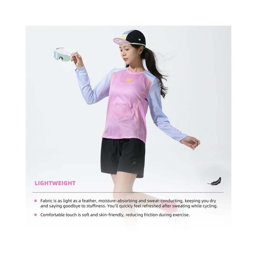 WEST BIKING YP0202342 Women Outdoor Quick Dry Cycling Jersey Long Sleeve Breathable Hiking Running Training Top, M / L - Pink / Blue - 6
