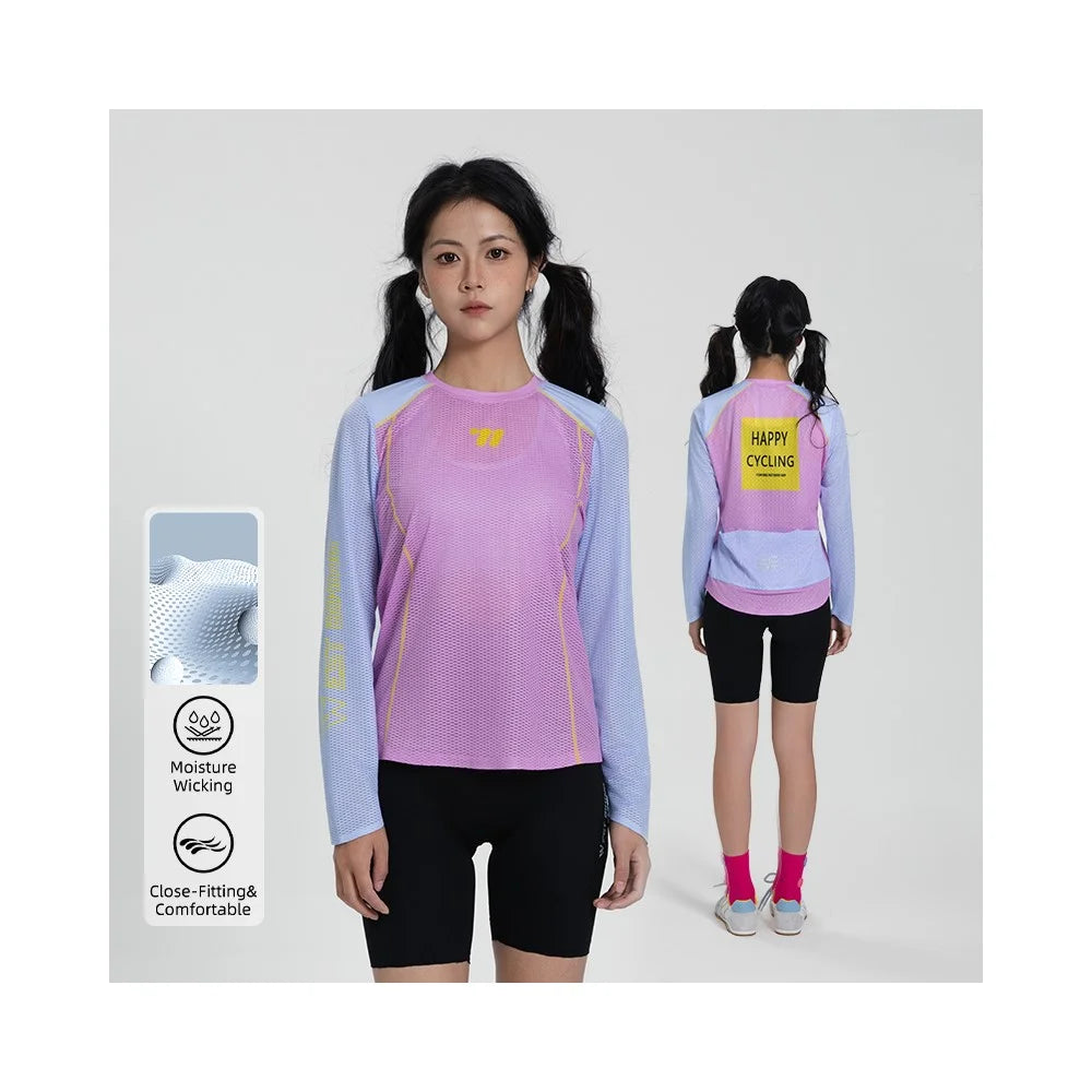WEST BIKING YP0202342 Women Outdoor Quick Dry Cycling Jersey Long Sleeve Breathable Hiking Running Training Top, XL / XXL - Pink / Blue - 2