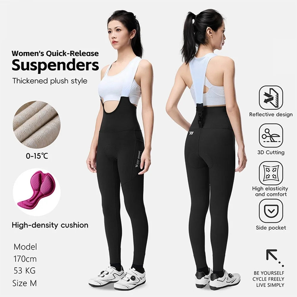 WEST BIKING YP0210022 Thickened Cycling Bib Pants Quick Release Padded 3D Ergonomic Long Pants for Women Autumn Winter - Black  /  M - 3