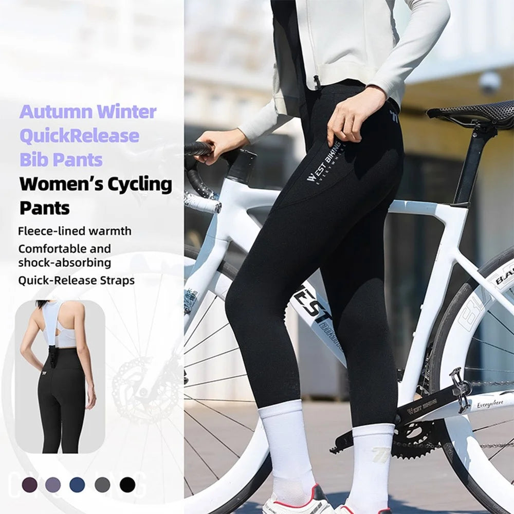 WEST BIKING YP0210022 Thickened Cycling Bib Pants Quick Release Padded 3D Ergonomic Long Pants for Women Autumn Winter - Black  /  M - 4