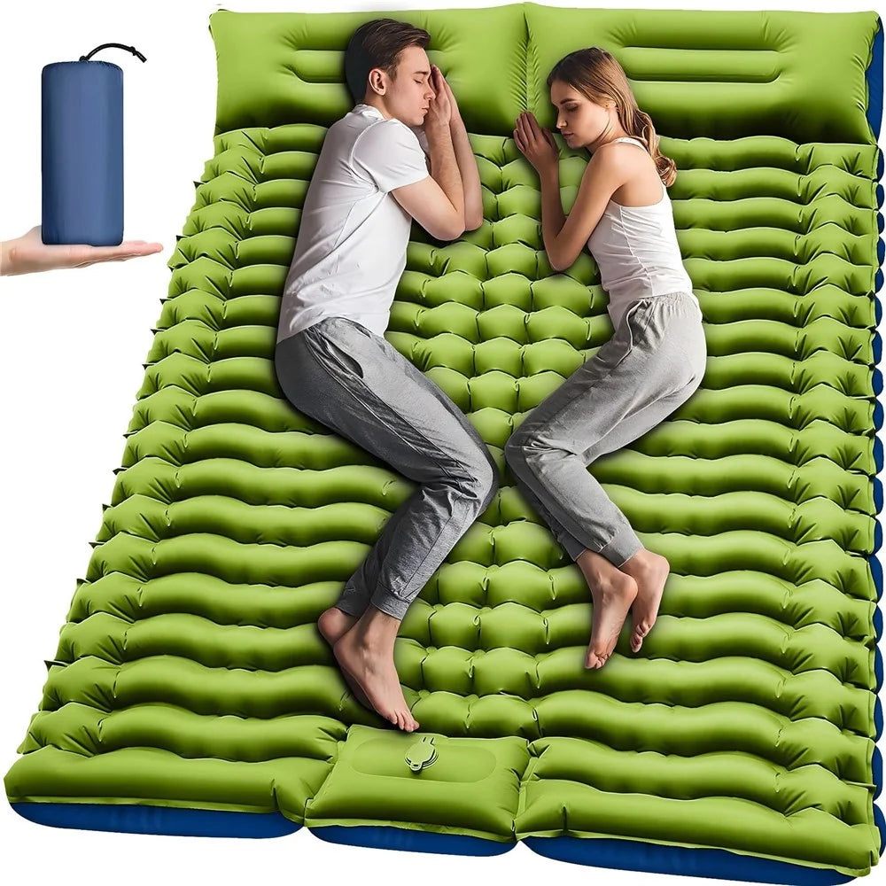 Outdoor Inflatable Sleeping Pad Double Size 240 x 145cm Camping Air Mattress With Built-in Pump - Green  /  Blue - 1