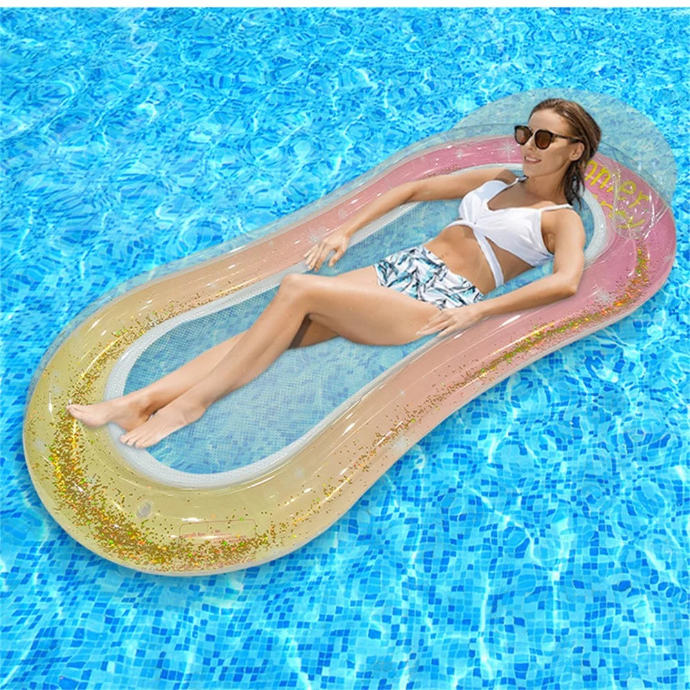 PVC Inflatable Pool Float Lounger with Mesh Glitter Sequins Design Portable Foldable Beach Chair - Orange+Pink - 1